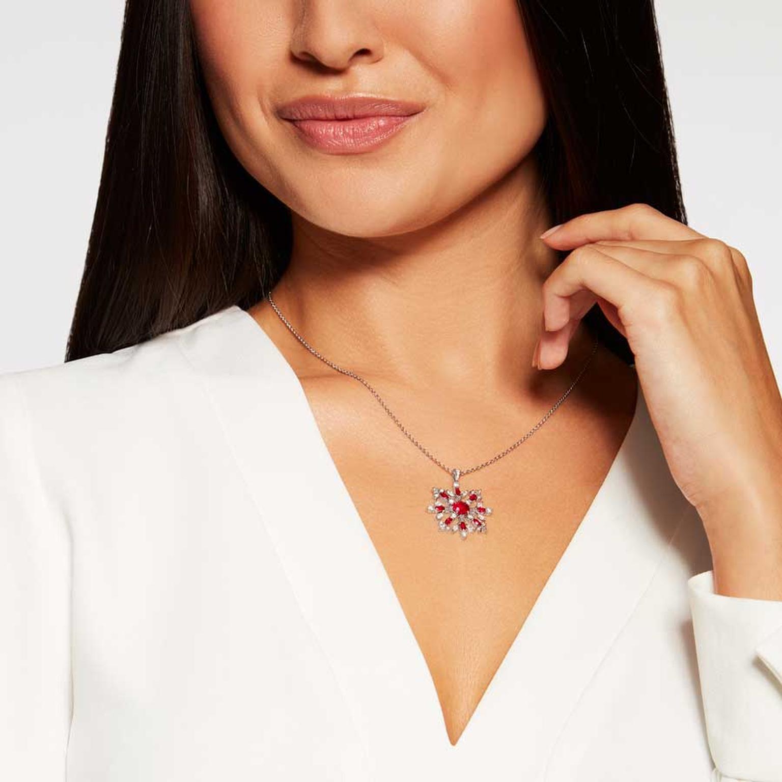 Hirsh Snowflake ruby and platinum pendant on model