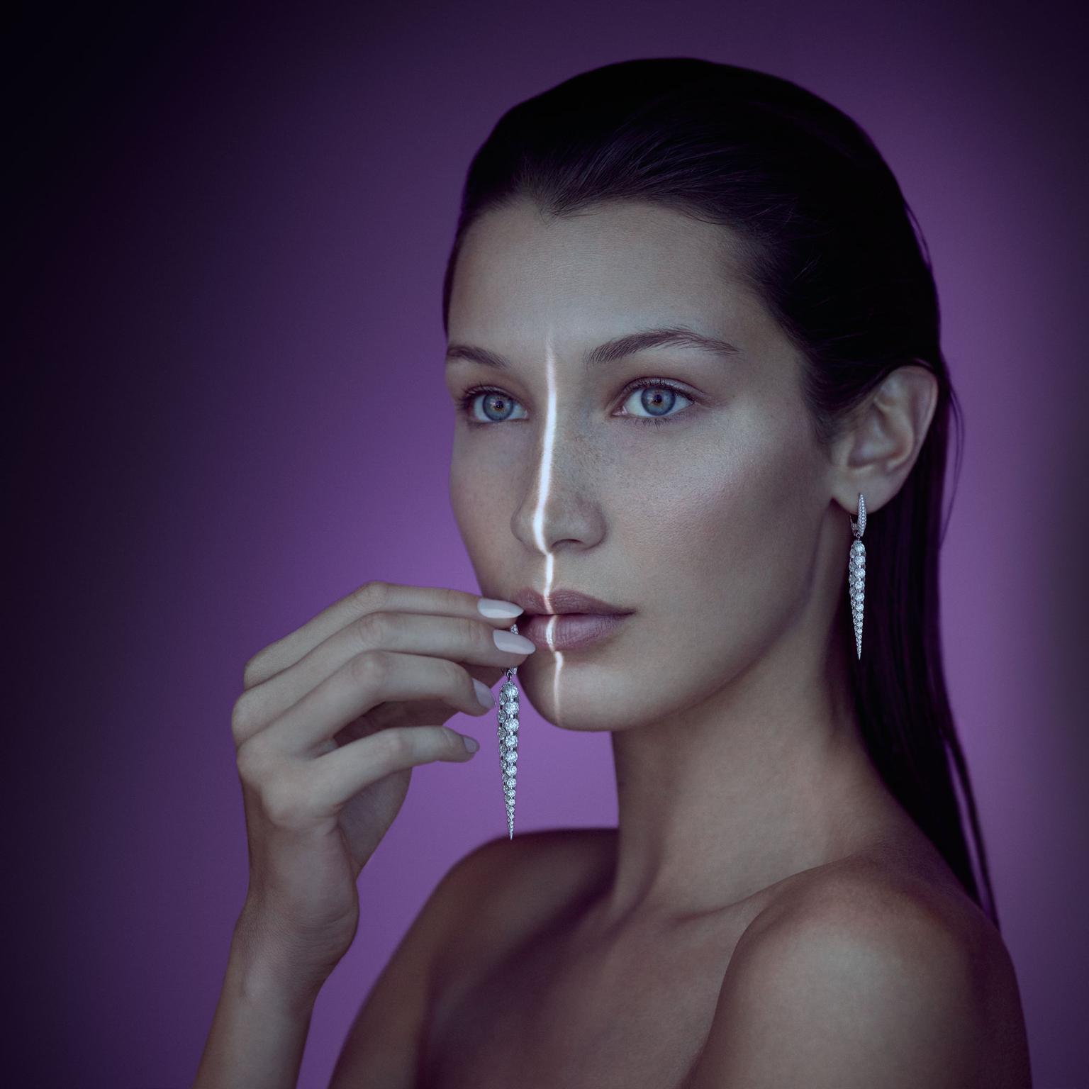 Bella Hadid wearing Boghossian Les Merveilles drop diamond earrings