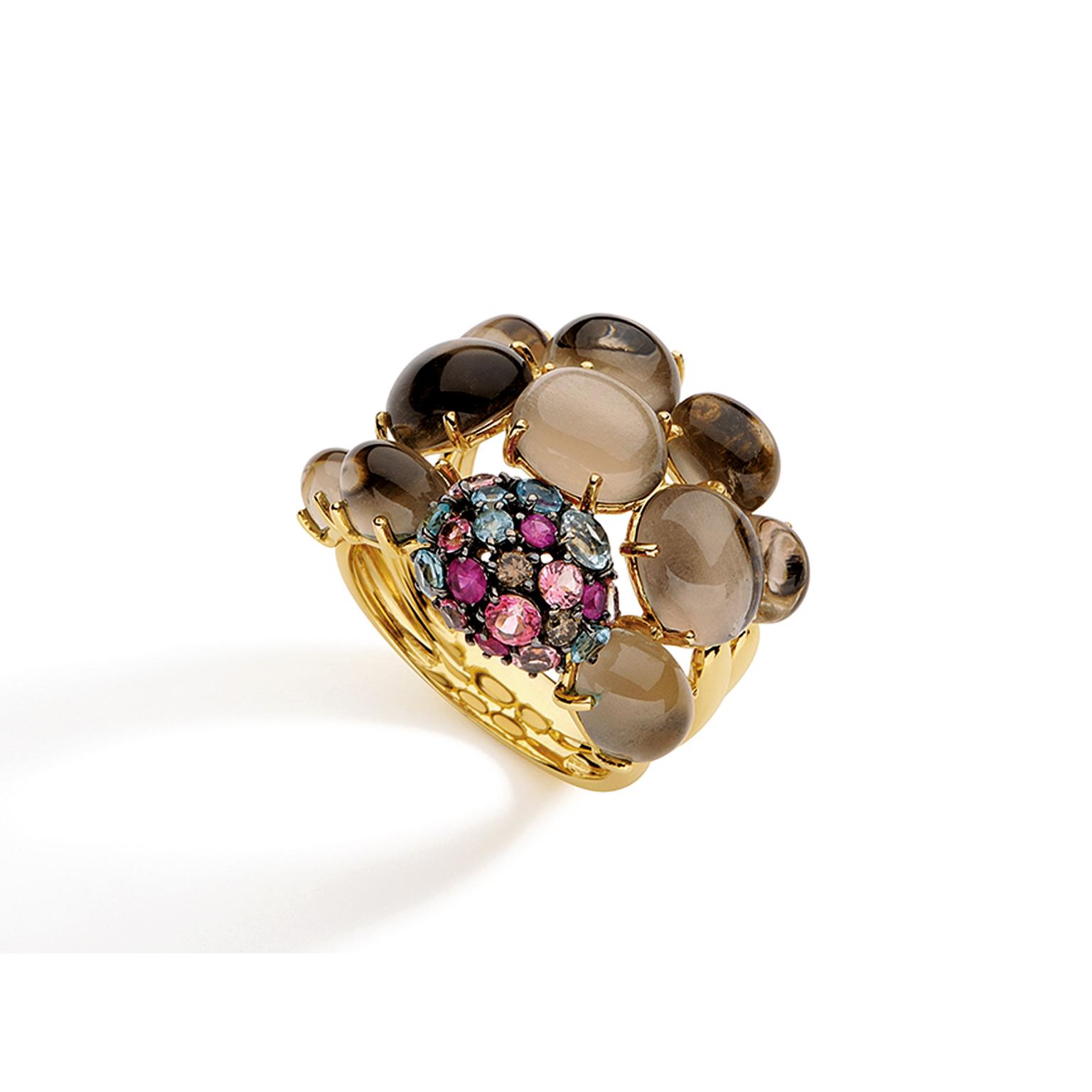 Brumani Baobab smoky quartz ring with coloured gemstones