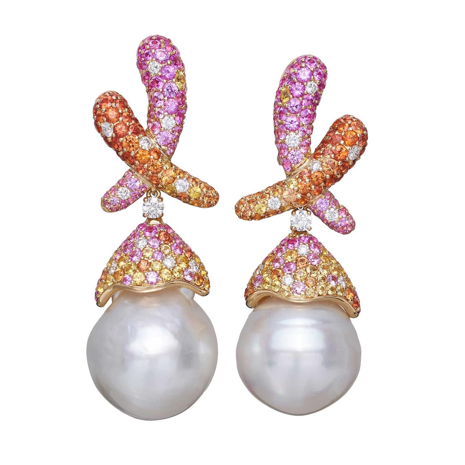 Margot McKinney Kiss earrings with pink, yellow and orange sapphires and diamonds with detachable Australian South Sea pearl drops