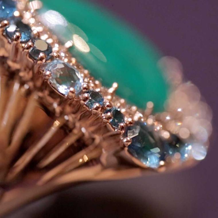 Rodney Rayner Treasure Island ring set with an emerald, champagne diamonds and blue topaz