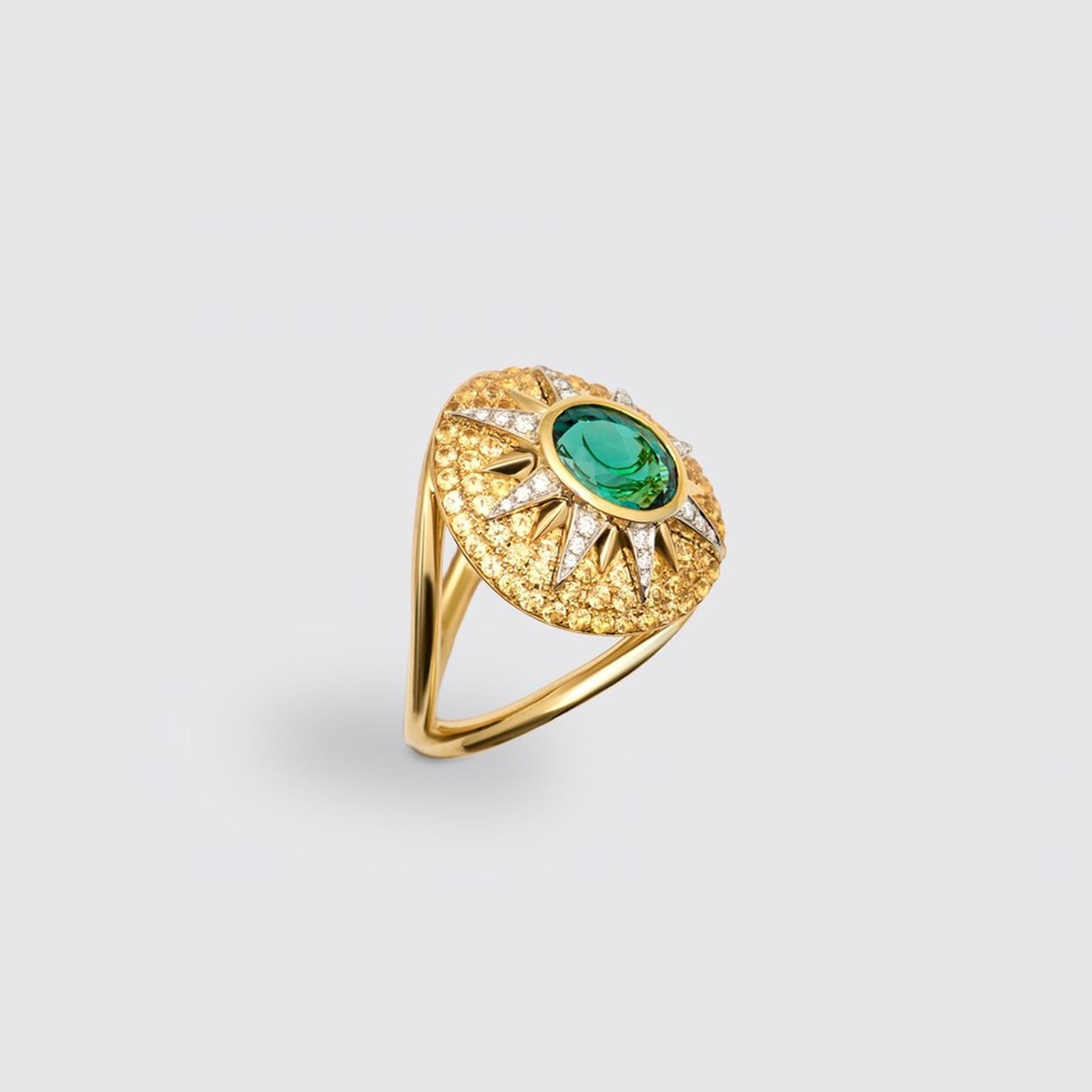 Raphaelle Coqblin Bague Crush Nova en or indigolite saphirs jaunes et diamants 2