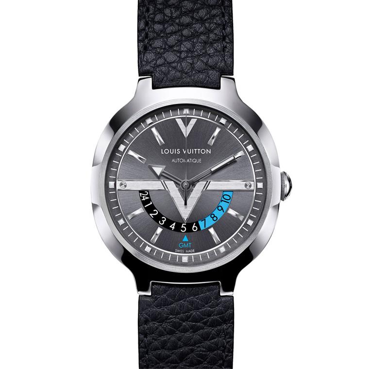 Louis Vuitton Voyager GMT watch in steel with a leather strap