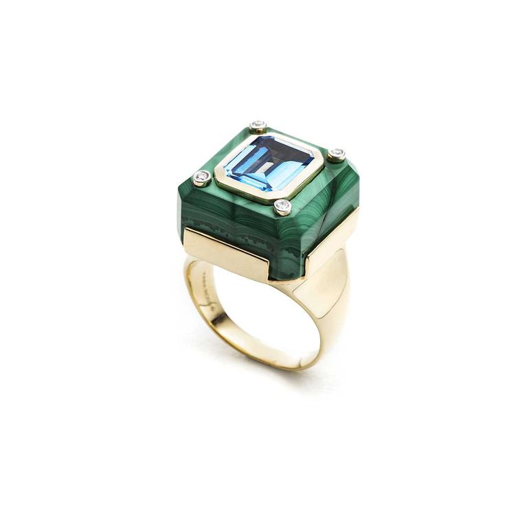 Kara Ross small Cava ring with malachite base and blue topaz