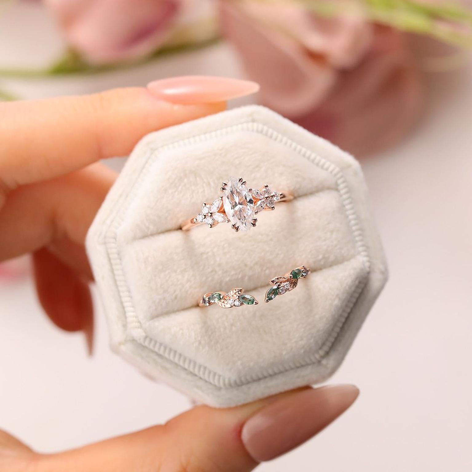 Marquise cut moissanite ring set by Molly Jewelry