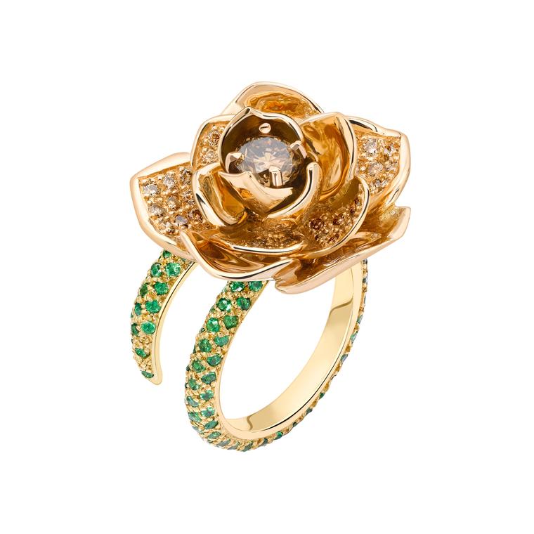 Lotus Bud cognac diamond and tsavorite ring