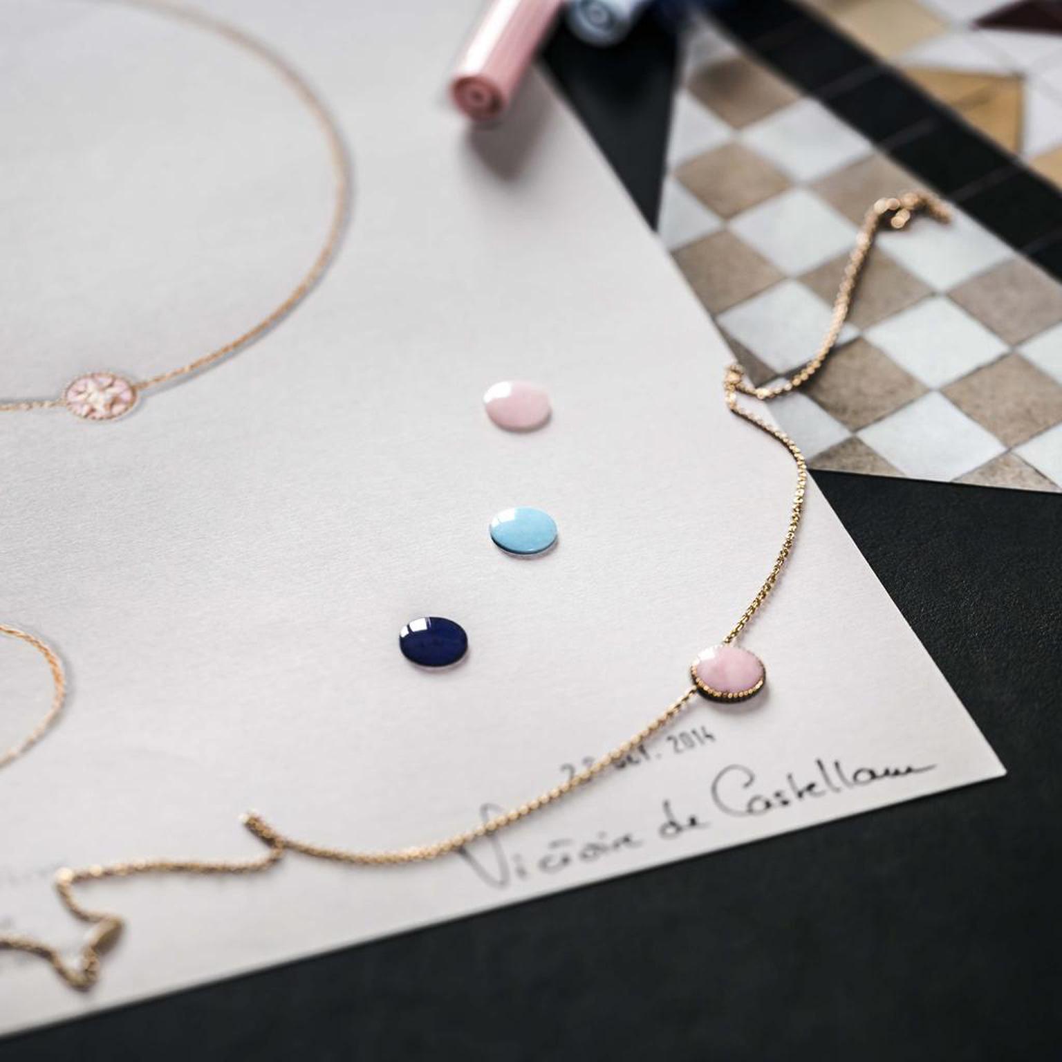 Smooth circles of lapis lazuli, turquoise and pink opal sit atop a gouache of the new Rose des Vents jewels from Dior, ready to set into the reverse of a bracelet or necklace.