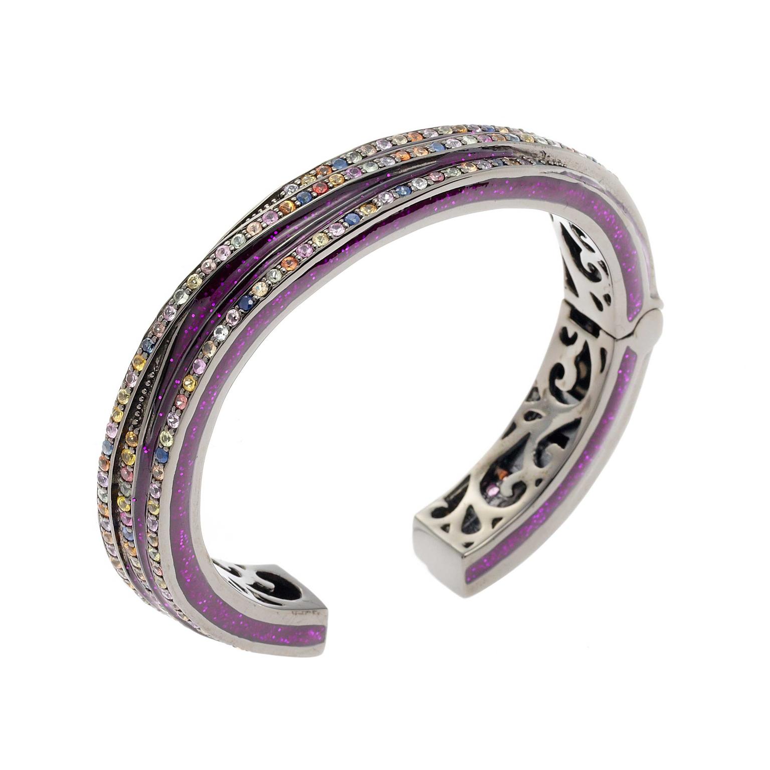 Matthew Campbell Laurenza silver purple glitter bangle set with sapphires in black rhodium