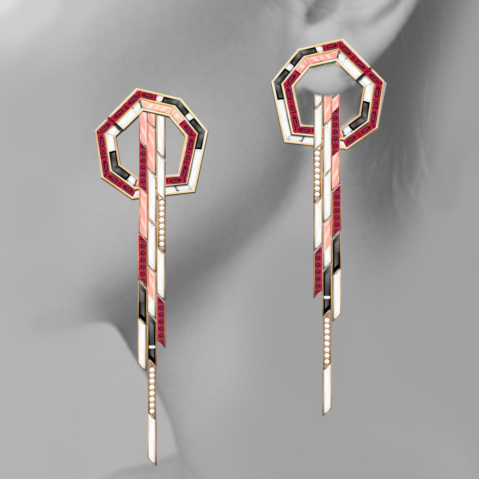 Tomasz Donocik rose gold Hex earrings with rubies, pink opal and white agate
