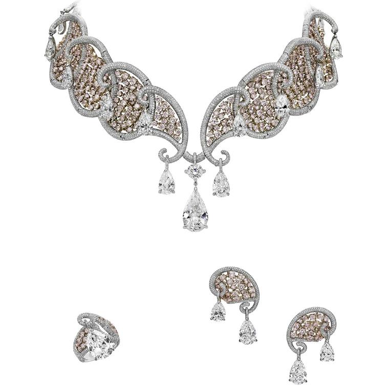 Boghossian pink and white diamond necklace, ring and earrings from the Ballet Oriental collection