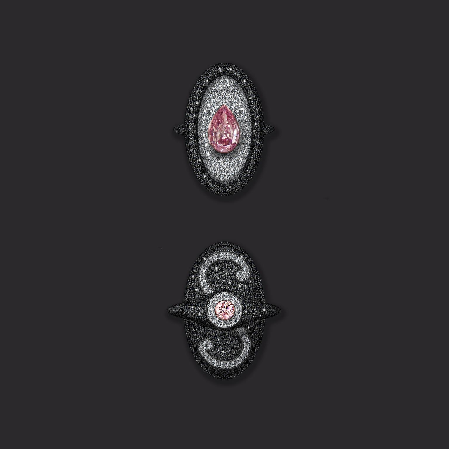 Maxim V pink diamond ring with black and white diamond pave