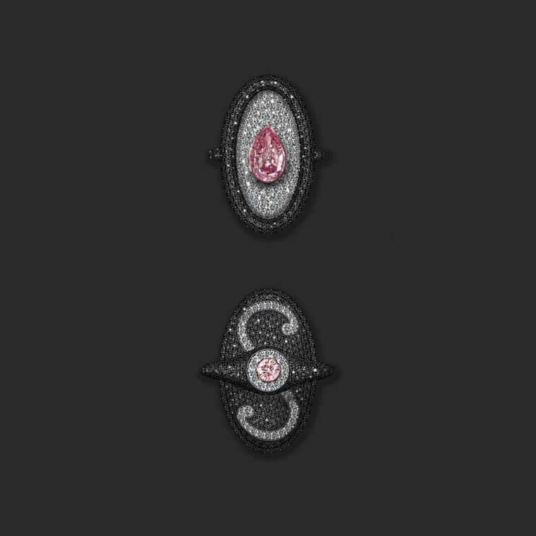 Maxim V pink diamond ring with black and white diamond pave