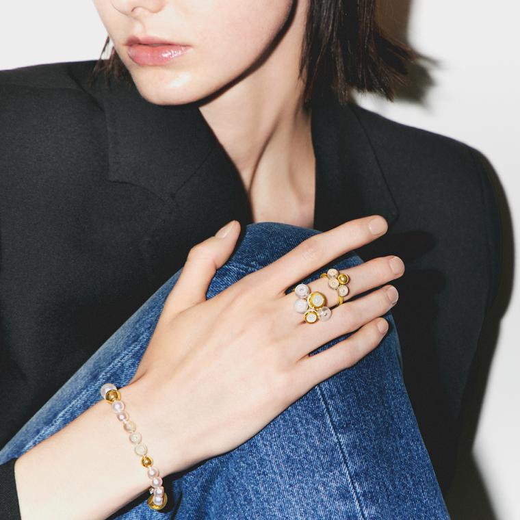 M:G TASAKI Sliced Sphere and Bezel ring and bracelet on model