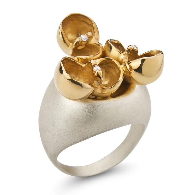 Lara Mader silver, yellow gold and diamond ring 