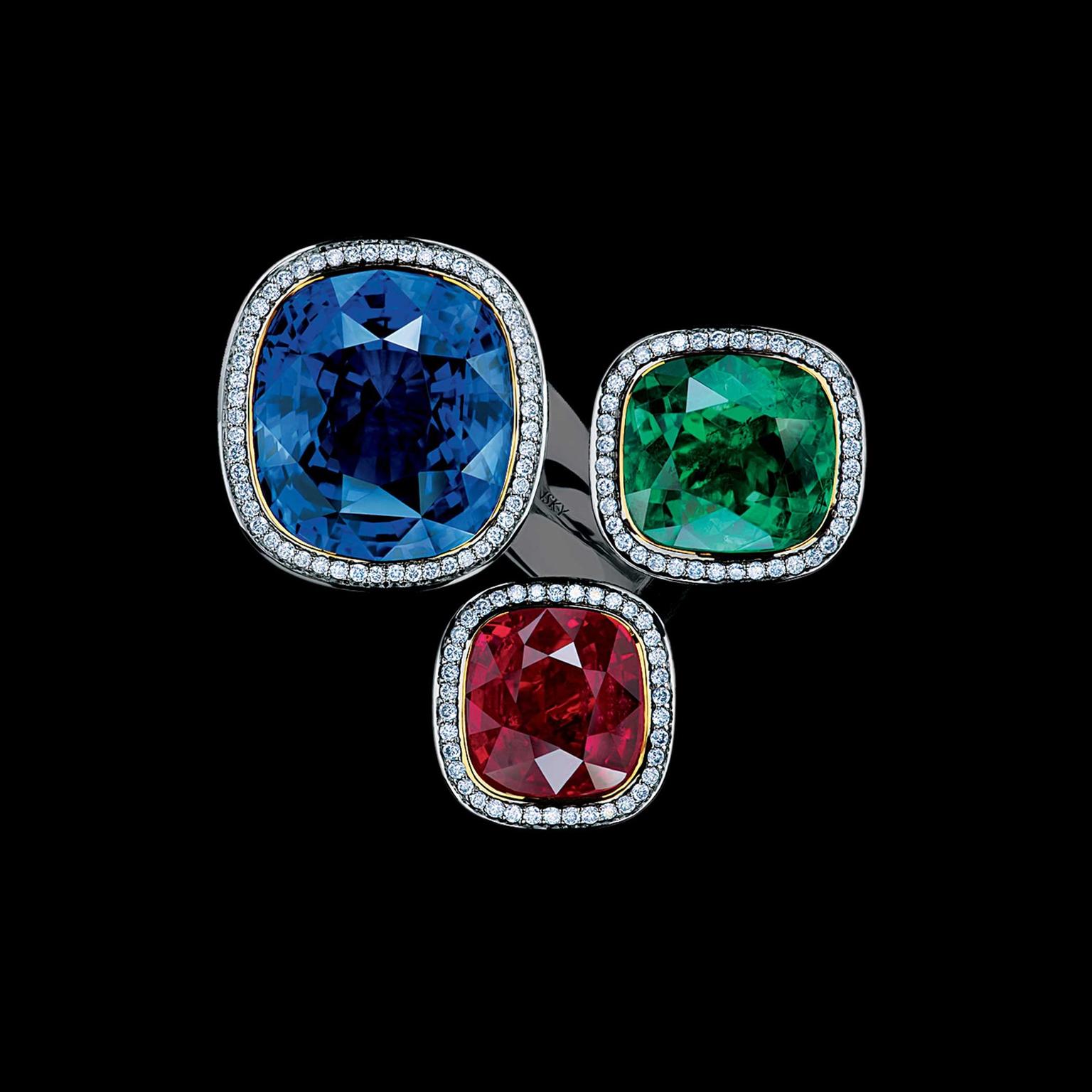 Maxim V Art Stones ring with emerald, ruby and sapphire top view