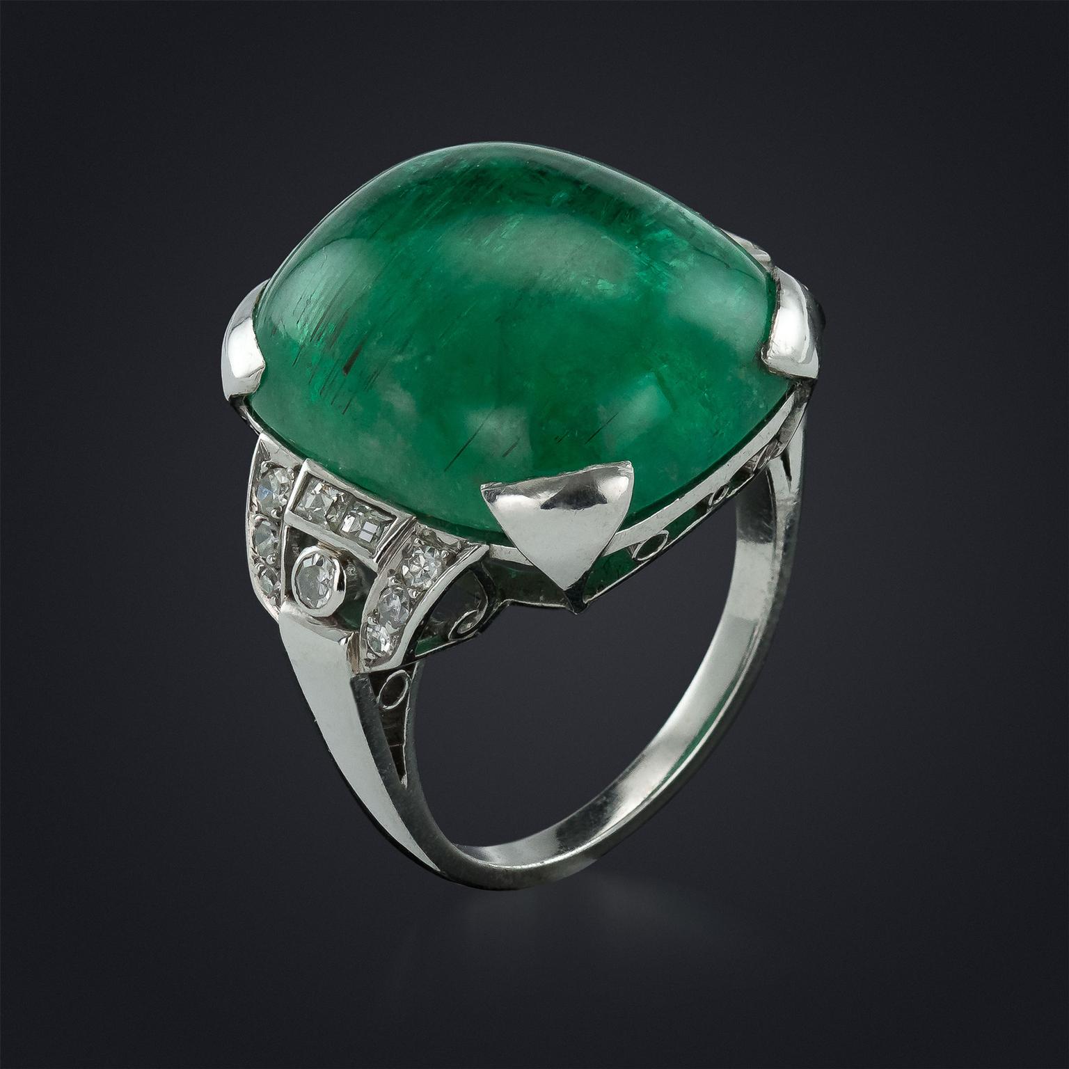 Vintage 20-carat cabochon emerald ring in platinum with diamonds