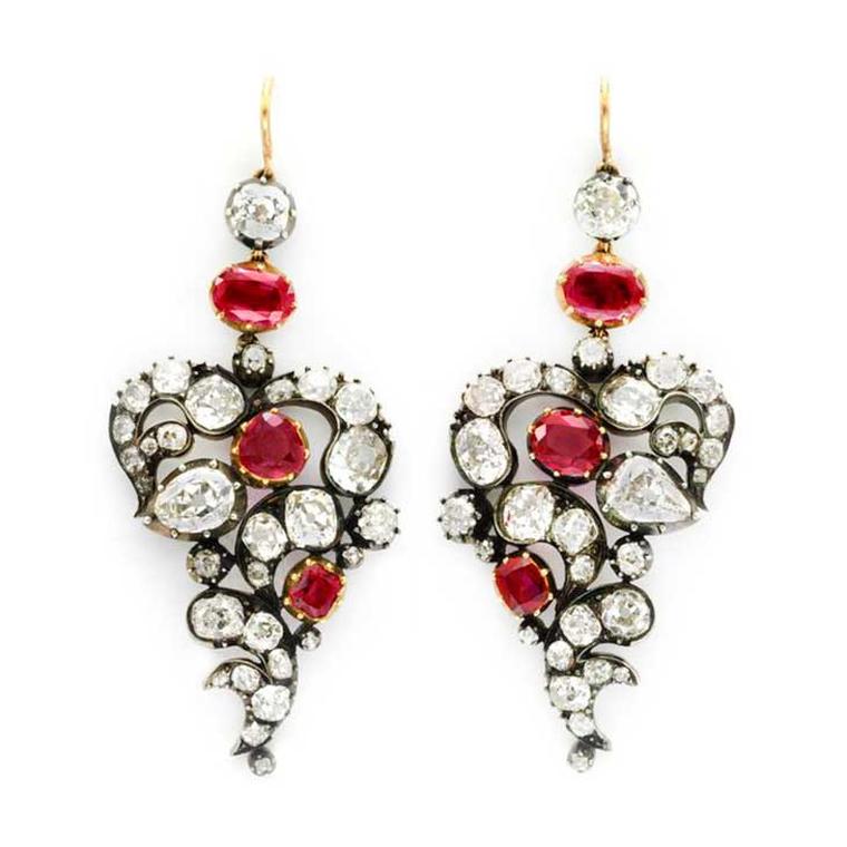 FD Gallery Burmese ruby and diamond ear pendants
