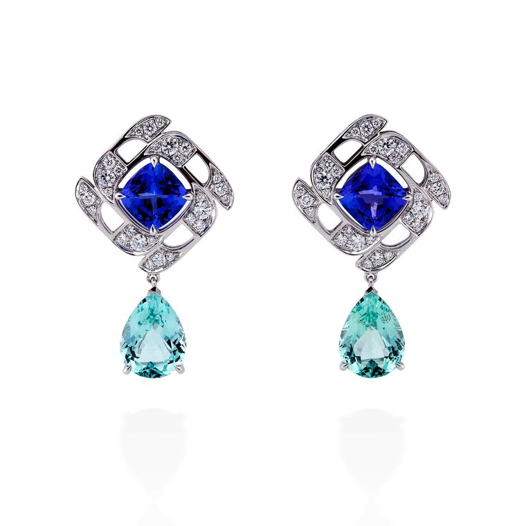 Boodles Prism tanzanite and green beryl earrings with diamonds
