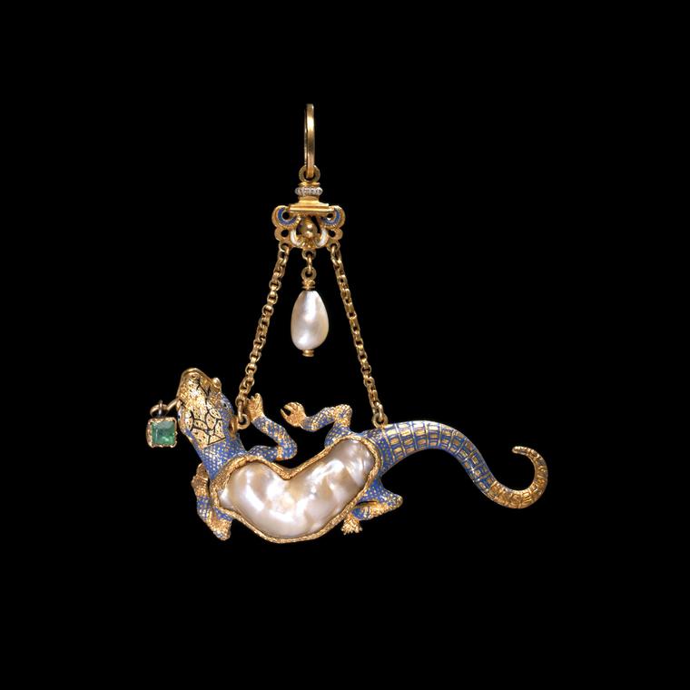 V&A Museum salamander pearl and emerald pendant