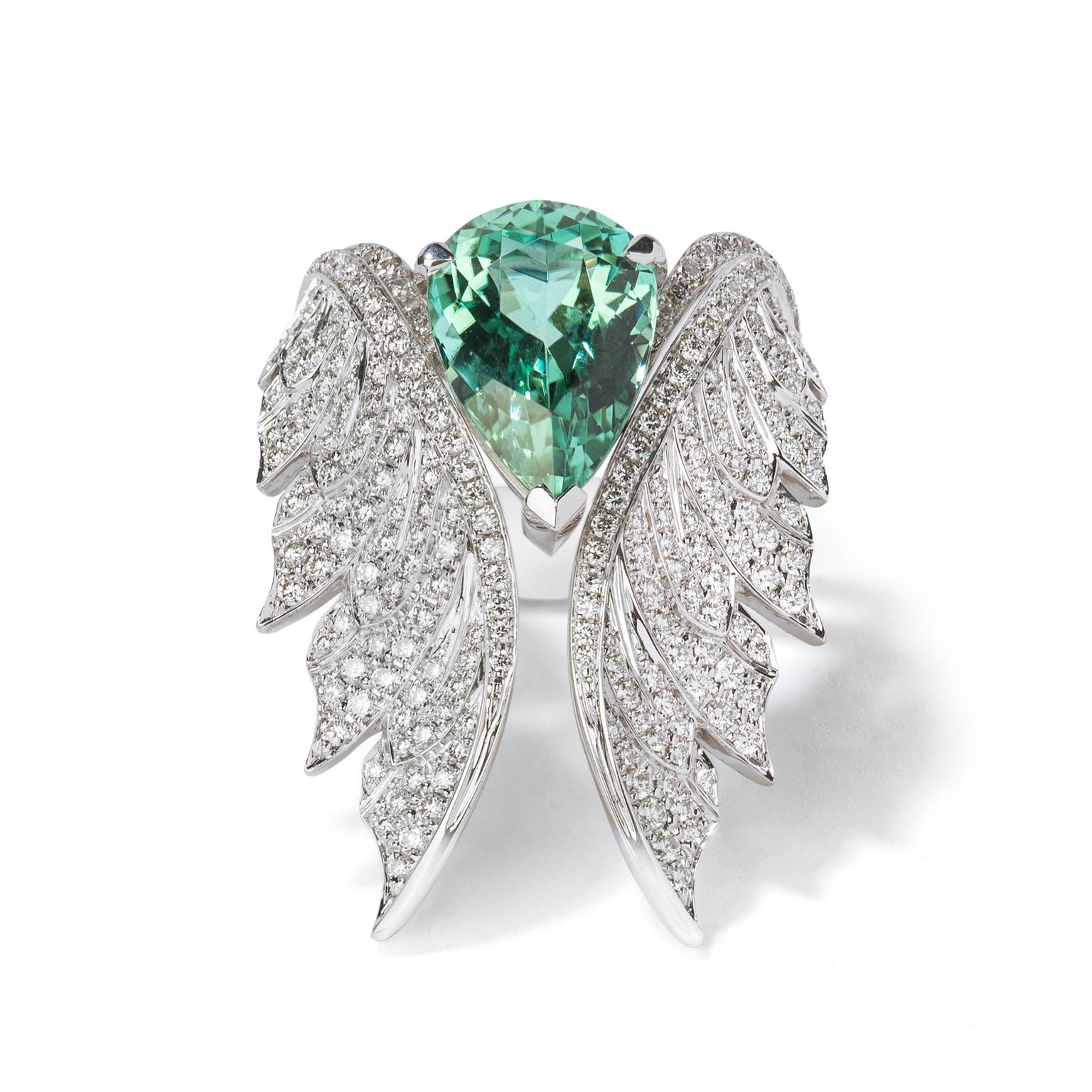 Stephen Webster Magnipheasant open feather ring and green tourmaline cocktail ring