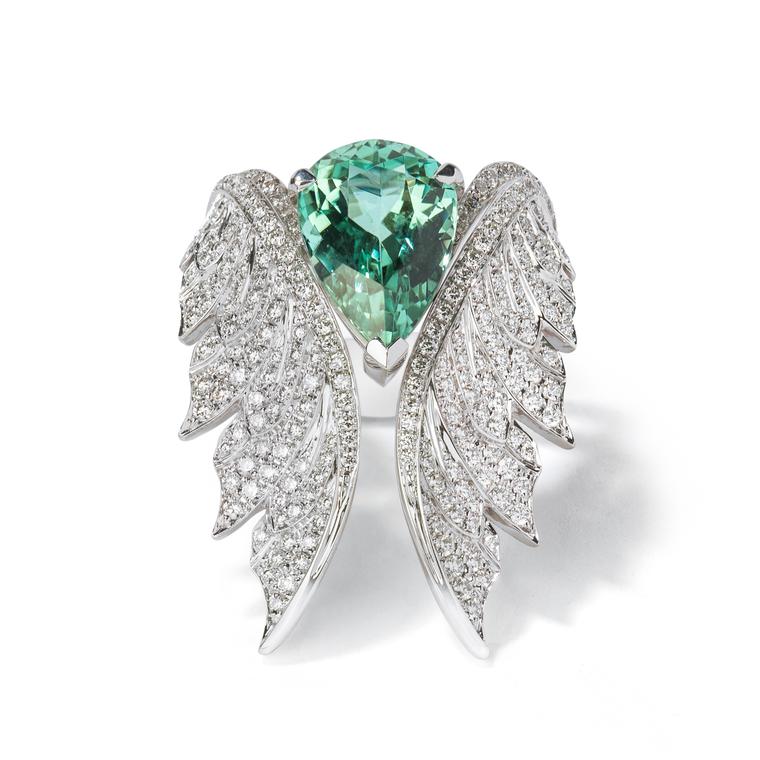 Magnipheasant tourmaline cocktail ring with open feather ring jacket