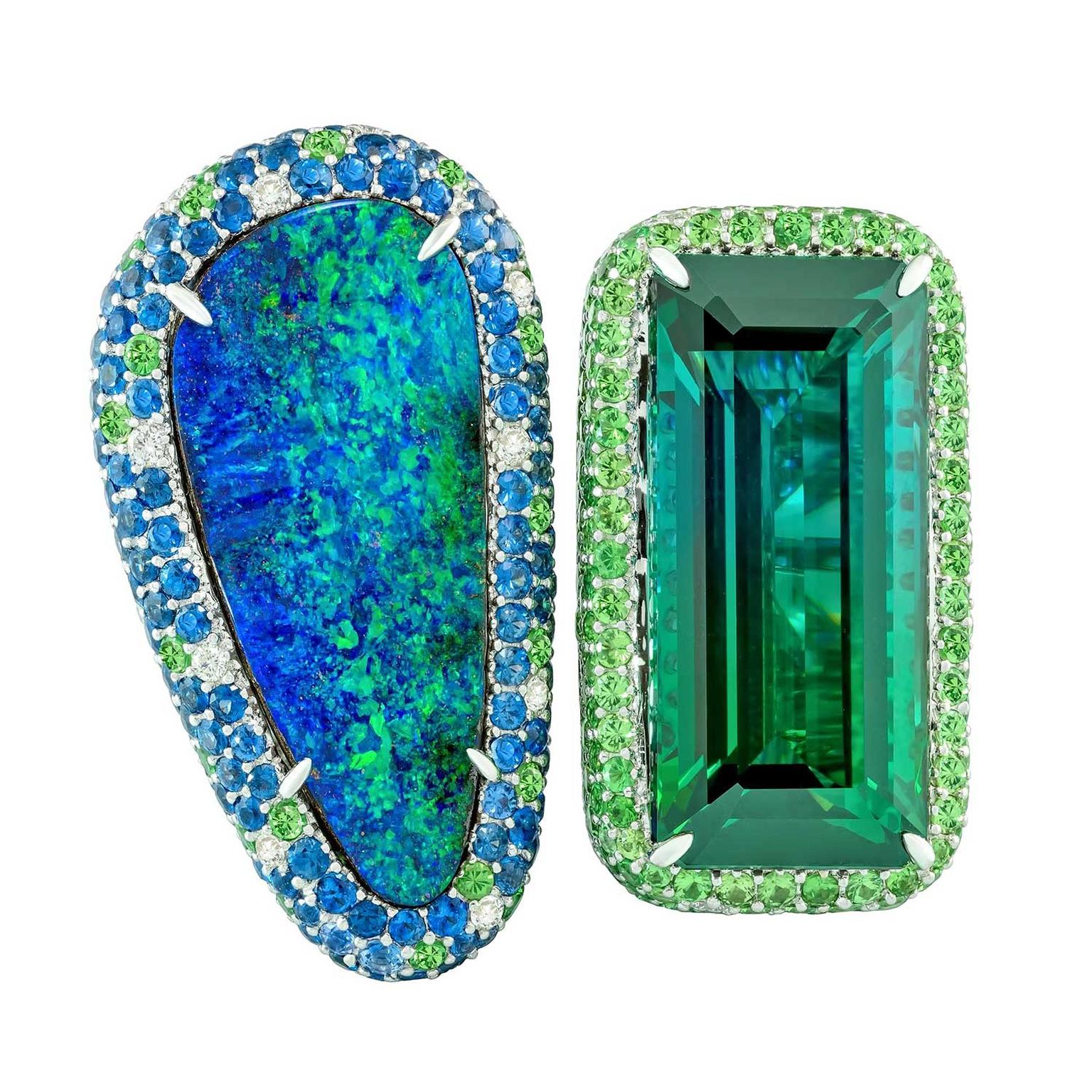 Margot McKinney double ring featuring a bi-coloured green tourmaline and an Australian Lightning Ridge opal