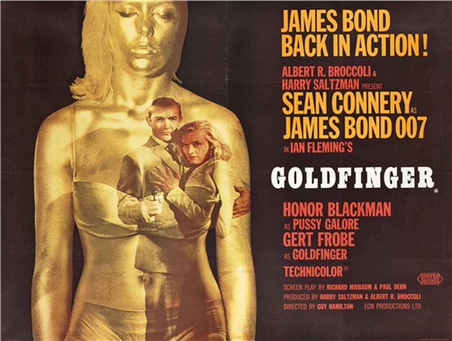 An original ad for Ian Fleming's Goldfinger, starring Sean Connery as James Bond and Honor Blackman as Pussy Galore.