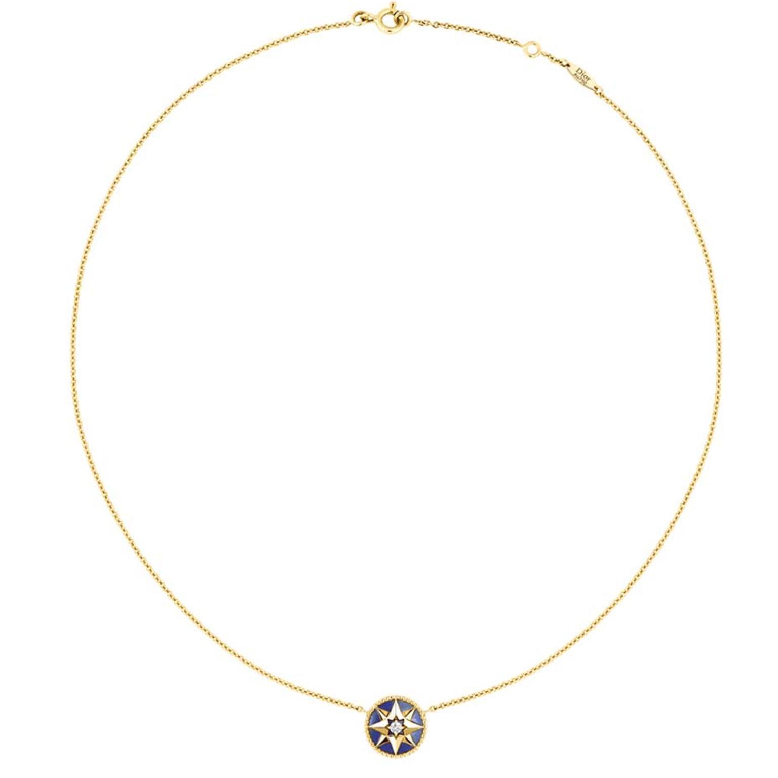 The motif that appears on this yellow gold, lapis lazuli and diamond Rose des Vents necklace is inspired by Christian Dior's travels around the world but also by the star that was his lucky charm and his favourite flower, the rose.