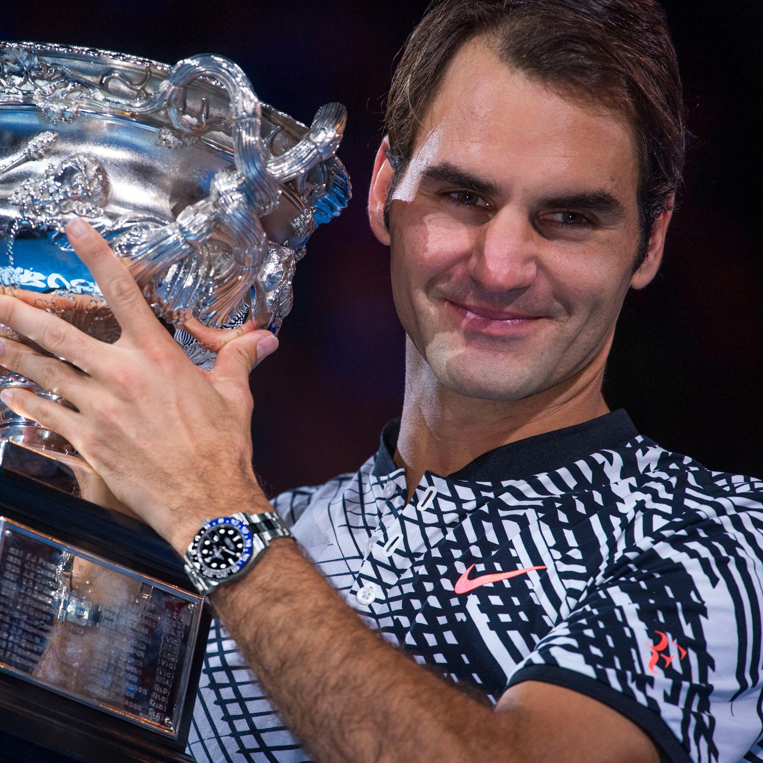 Roger Federer wins 2017 Australian Open wearing a Rolex GMT Master-ll watch
