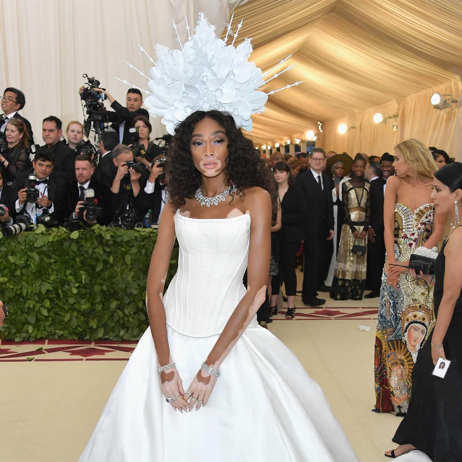 Winnie Harlow in Bulgari high jewellery diamond necklace, bracelets and rings at Met Gala 2018. Credit: Getty Images