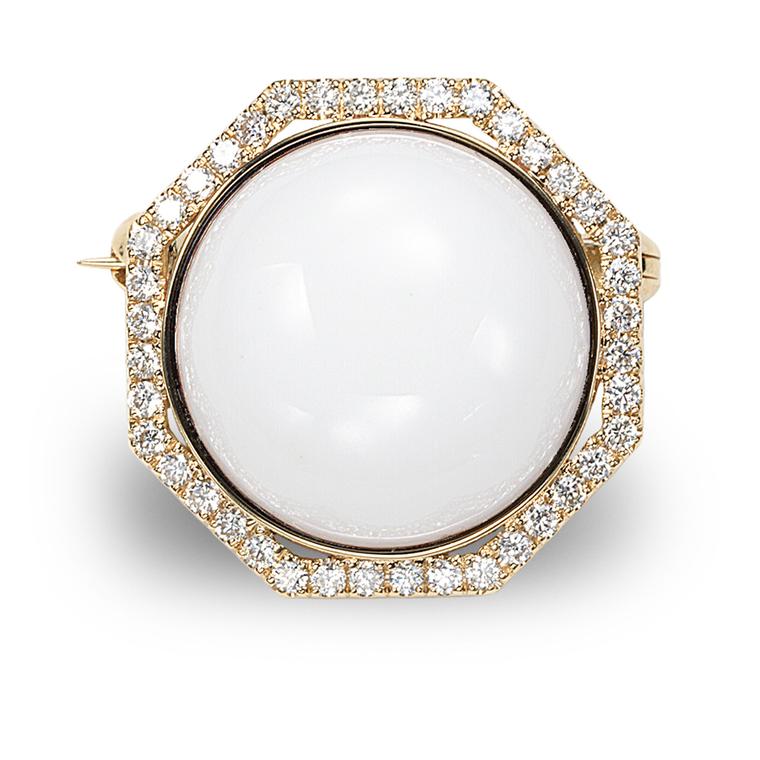 Octium Sun Collection rose gold Octagon diamond brooch with white agate