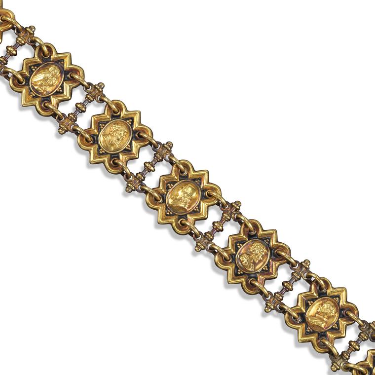 Lot 276 A gold portrait plaque bracelet by Castellani. Estimate £5000 - £7000 