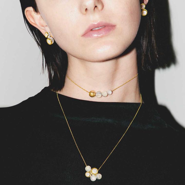 M/G TASAKI Sliced Bezel earrings and necklace and short Sliced Sphere necklace model