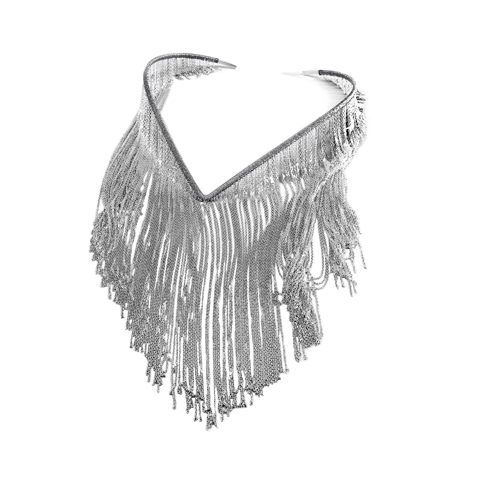 Simon Alcantara white gold fringe necklace