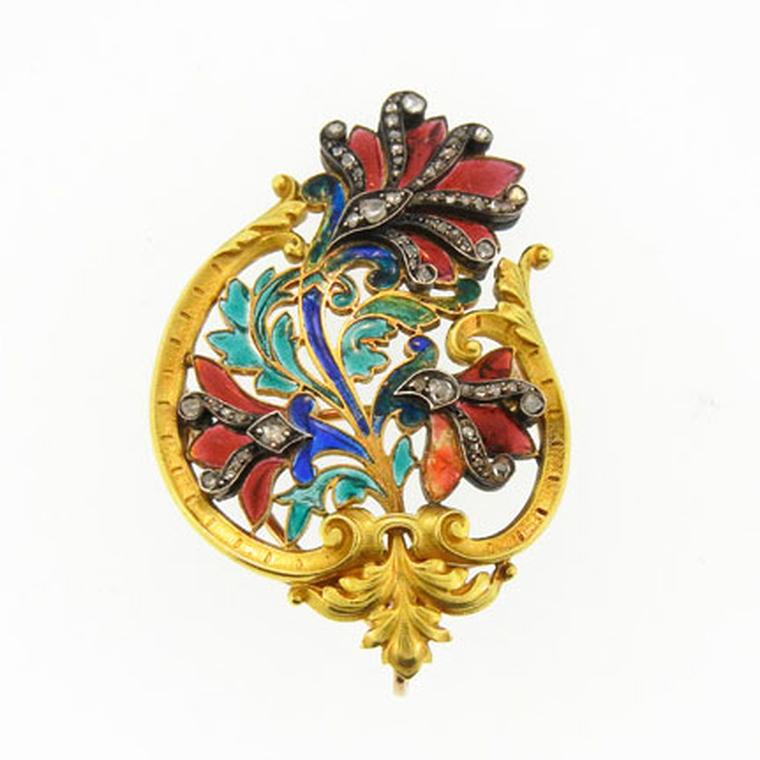 Antique brooches DK Bressler Art Nouveau enamel and gemstone set gold brooch