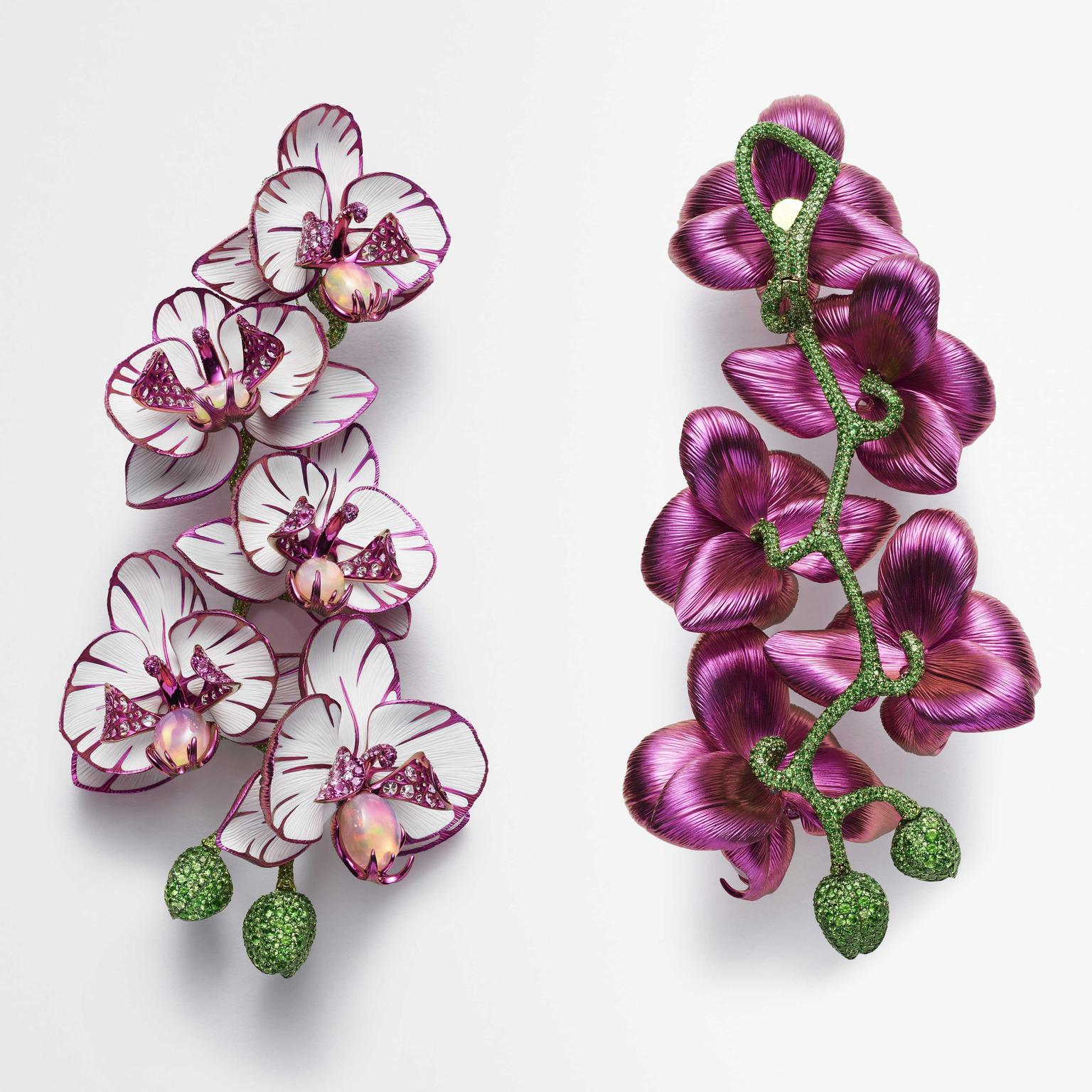 Orchid earrings in titanium with pink sapphires by Chopard