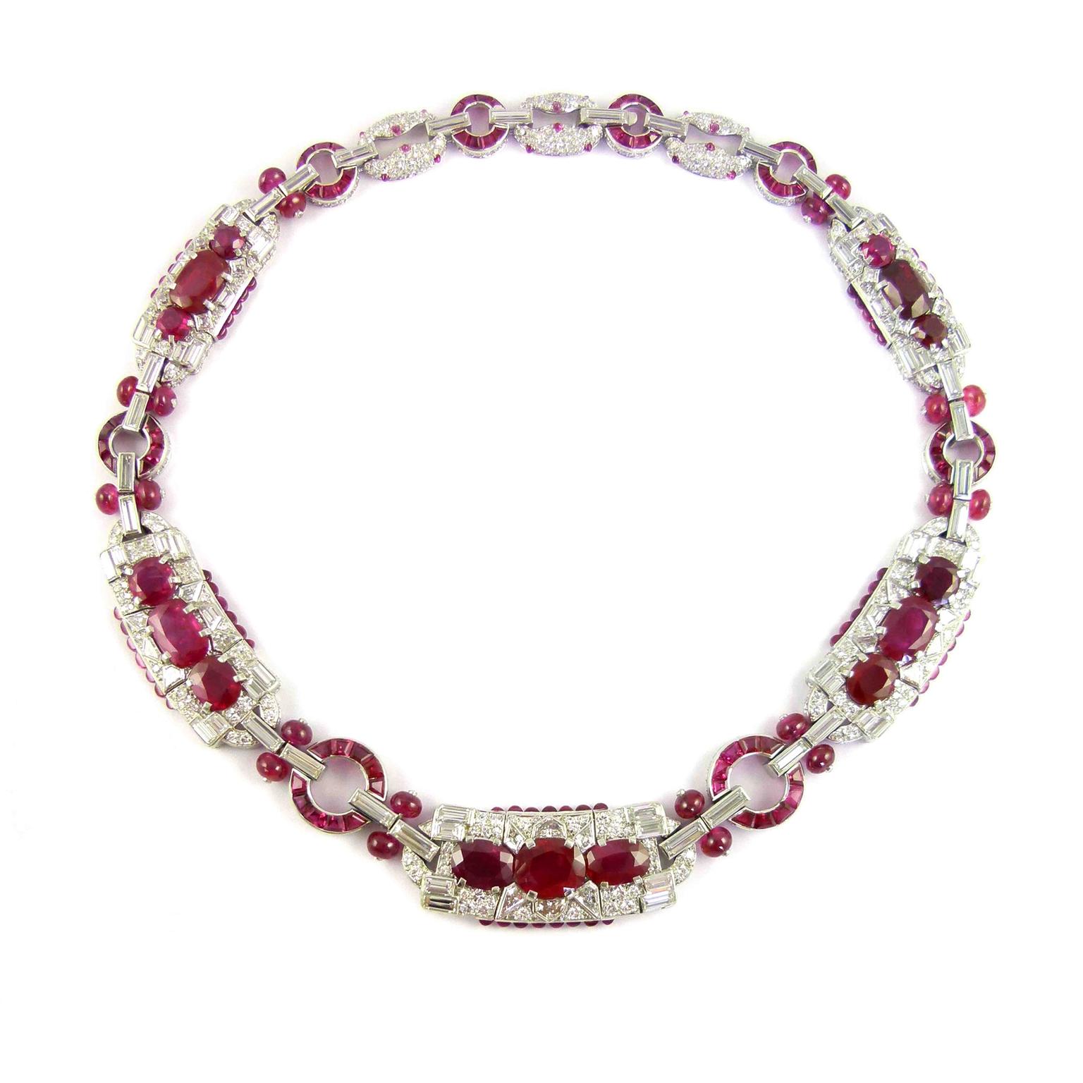Burmese ruby and diamond cluster panel necklace by Cartier