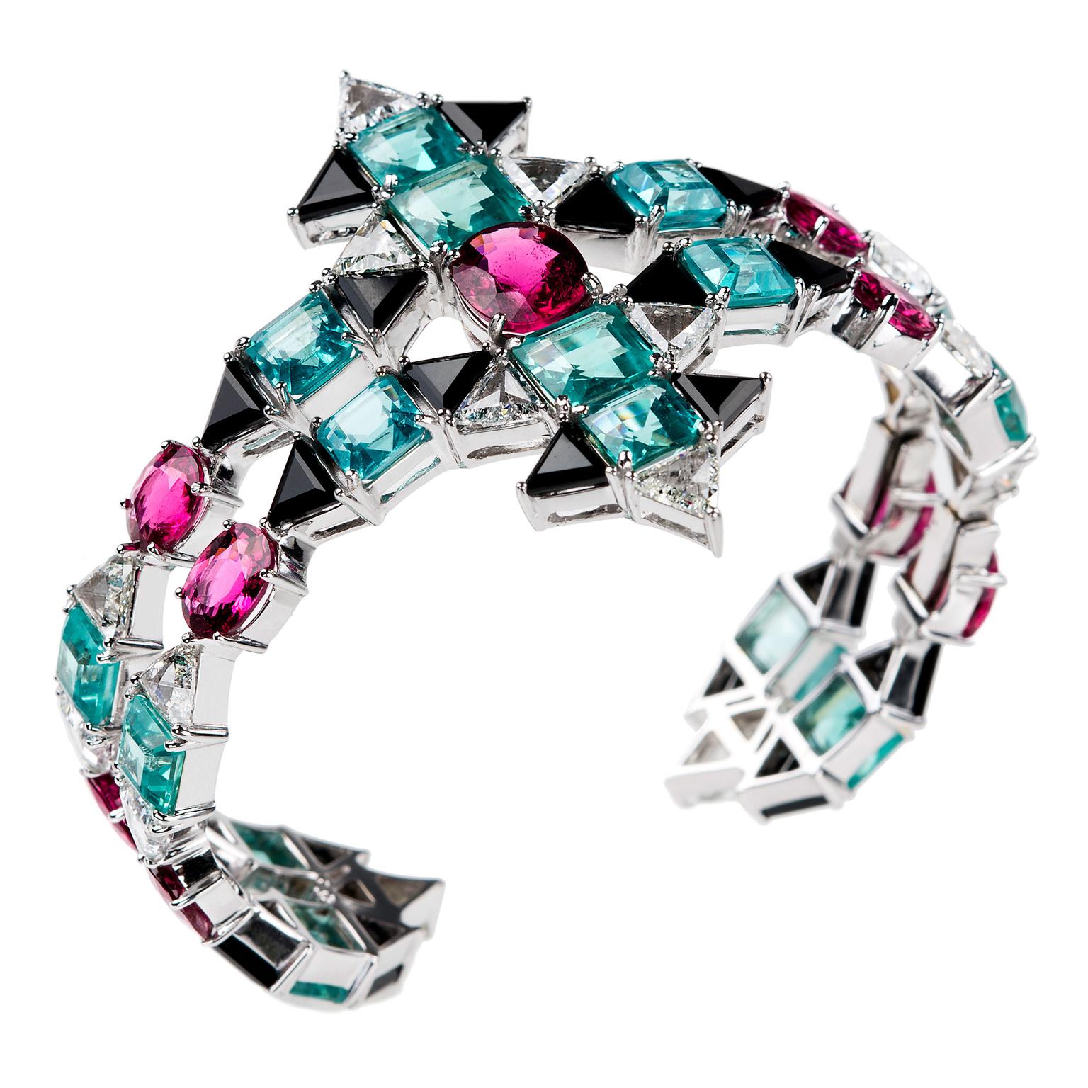 Nikos Koulis onyx, diamond, apatite and rubellite cuff