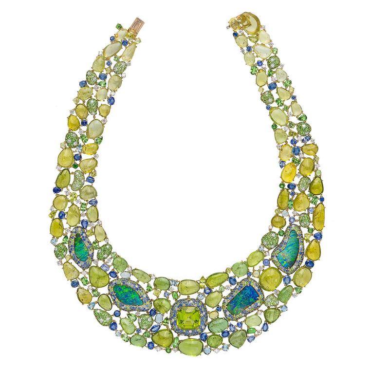 Margot McKinney Exotic Abundance collier featuring Paraiba tourmalines, gemstones and Lightning Ridge opals