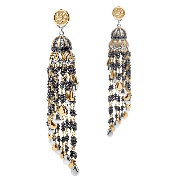 Azza Fahmy Wonders of Nature beaded black diamond tassel chandelier earrings
