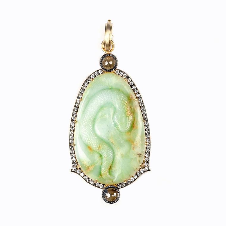 Sylva & Cie carved chrysoprase snake pendant