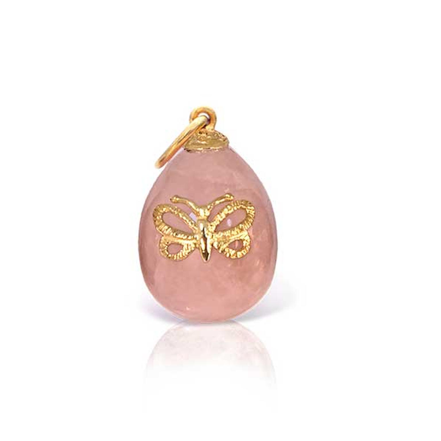 Lalaounis Easter egg pendant in rose quartz with butterfly motif in gold