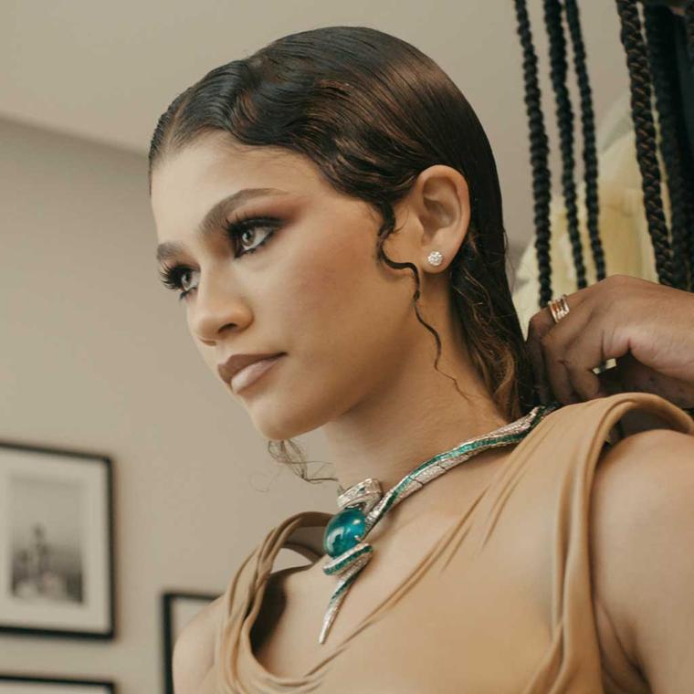 Zendaya wearing Bulgari Serpenti Hypnotic Emerald necklace