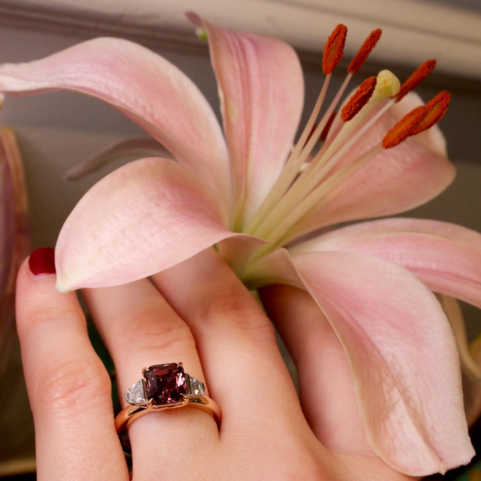 Hirsh Trio purple-brown sapphire engagement ring with lily