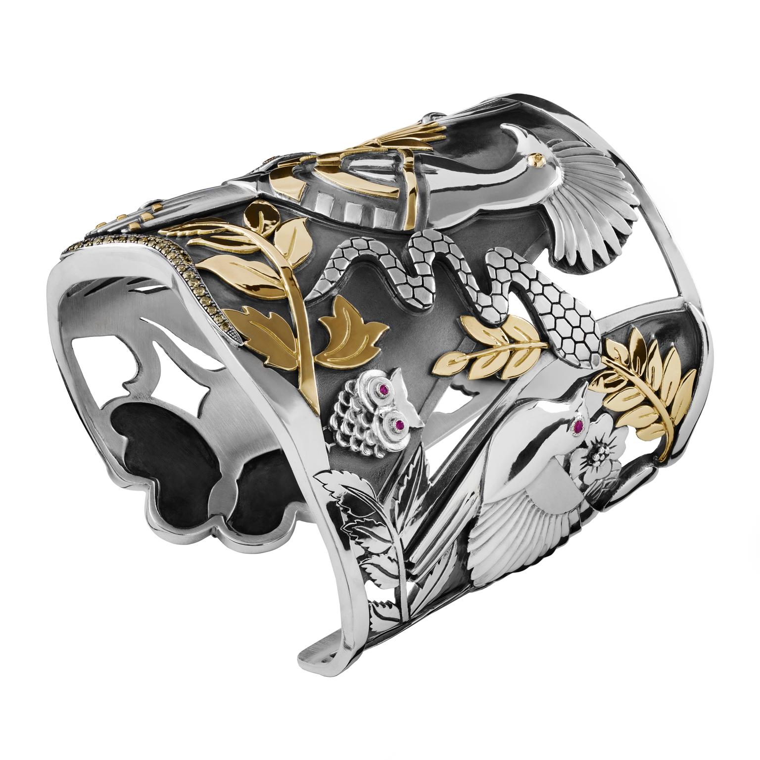 Azza Fahmy Wonders of Nature Hoopoe cuff with rubies and champagne diamonds