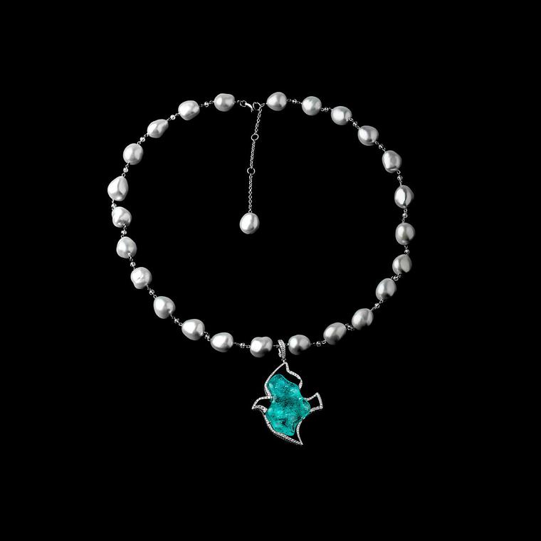 Roxalana Paraiba tourmaline necklace with diamonds and pearls