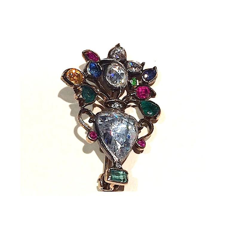 Antique brooches Spicer Warin Georgian brooch with giardinetti diamond, emerald, sapphire and ruby