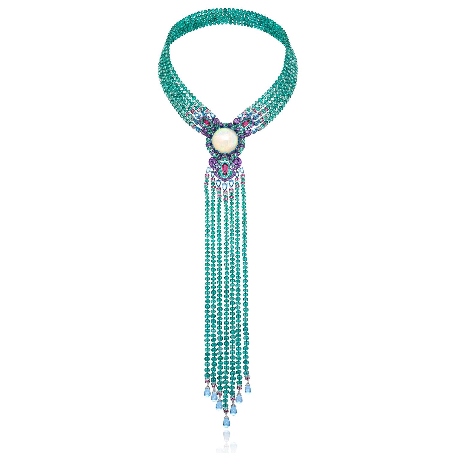 Chopard Red Carpet necklace with a white opal and emerald beads 