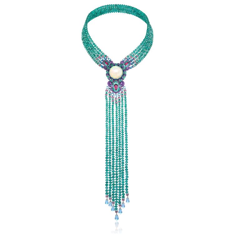 Red Carpet white opal and emerald bead tie-necklace