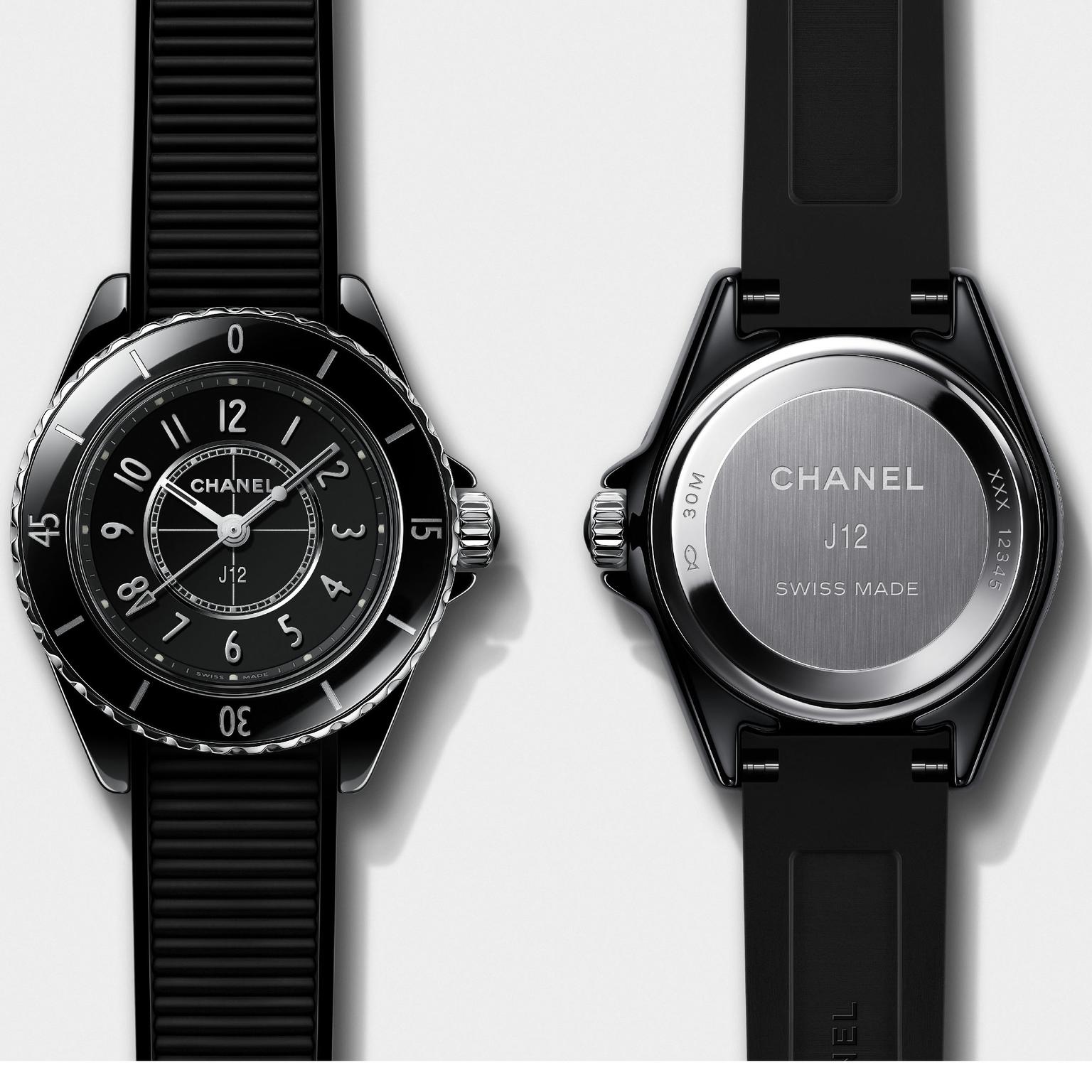 J12 black textured rubber strap-28mm watch by Chanel